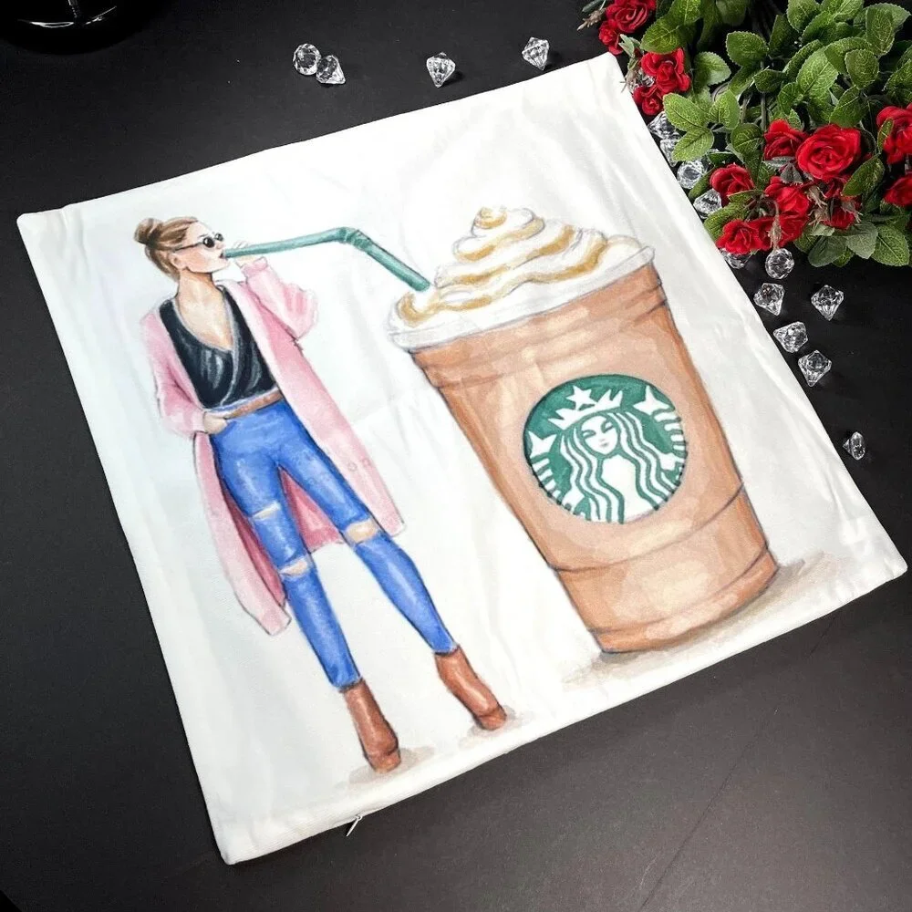 Coffee Lady Jeans Accent  Pillowcase Throw Sham Pillow Cushion Cover Home Decor